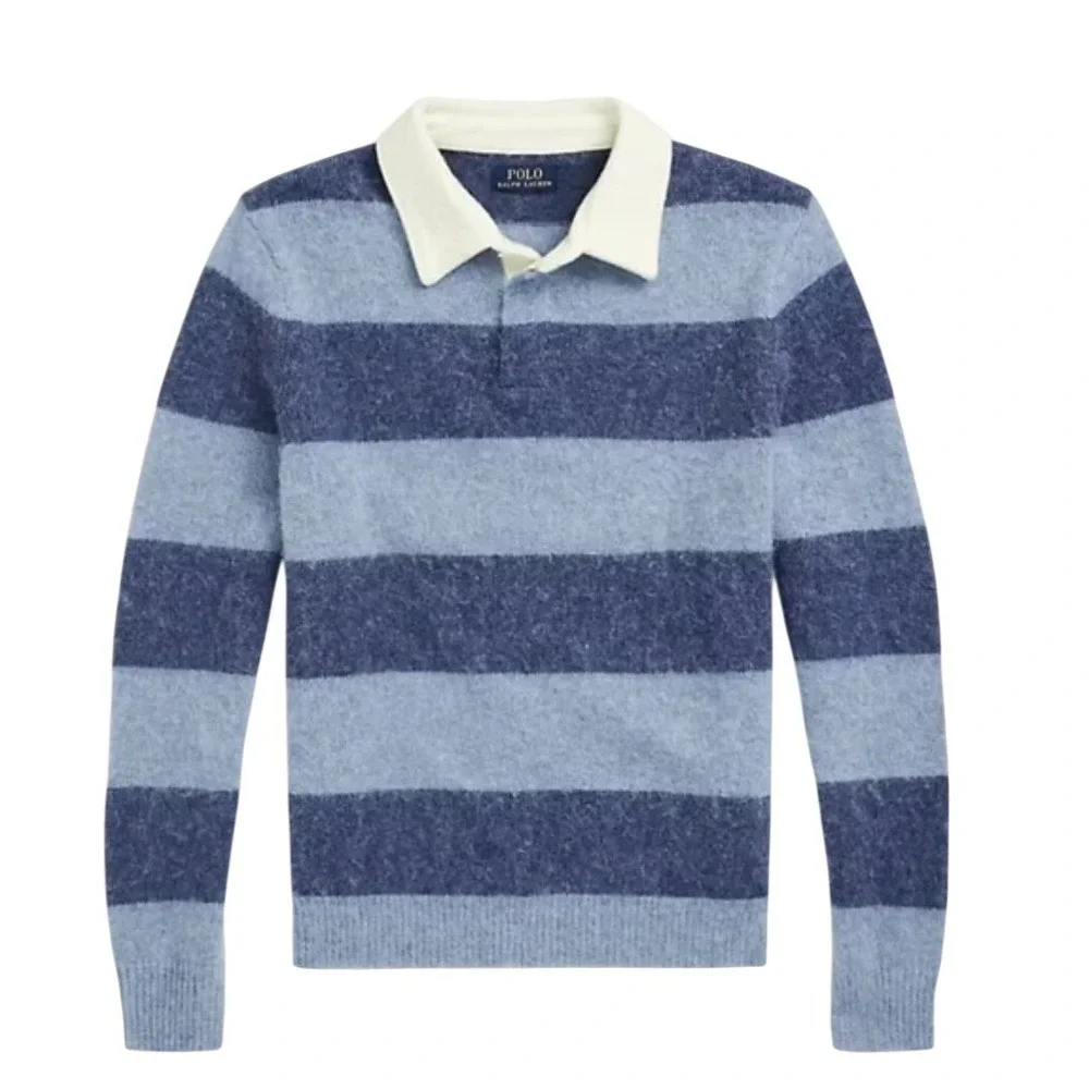 Ralph Lauren Rugby Stripe Sweater Cream Collar Blue Navy Mens XL RARE NWT‎ AS IS